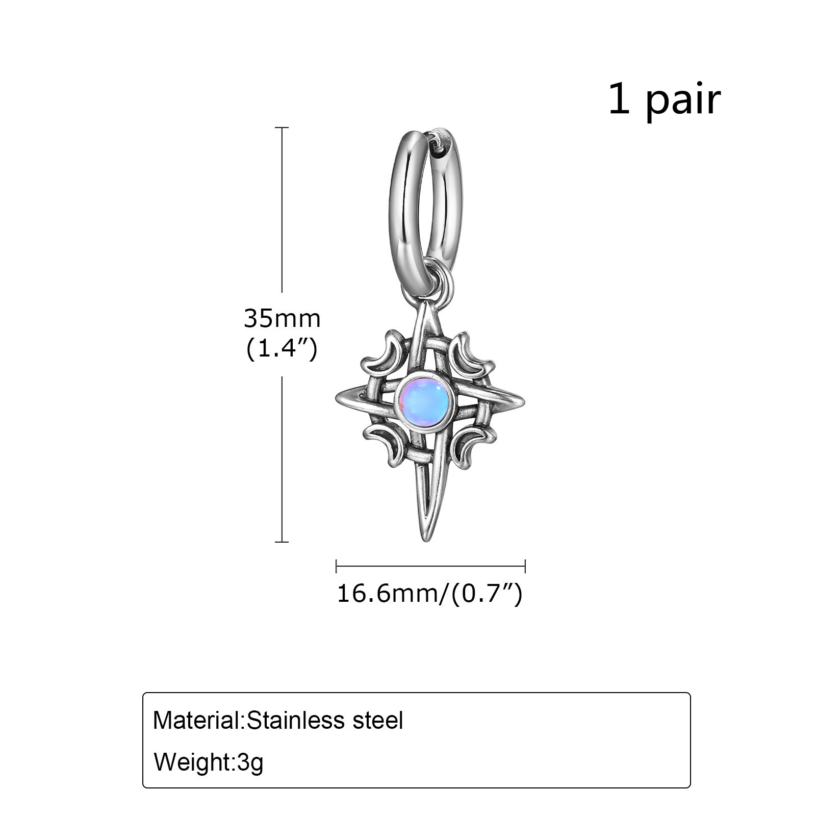 Stainless Steel Moon Four Eight-pointed Stars Moonstone Earrings