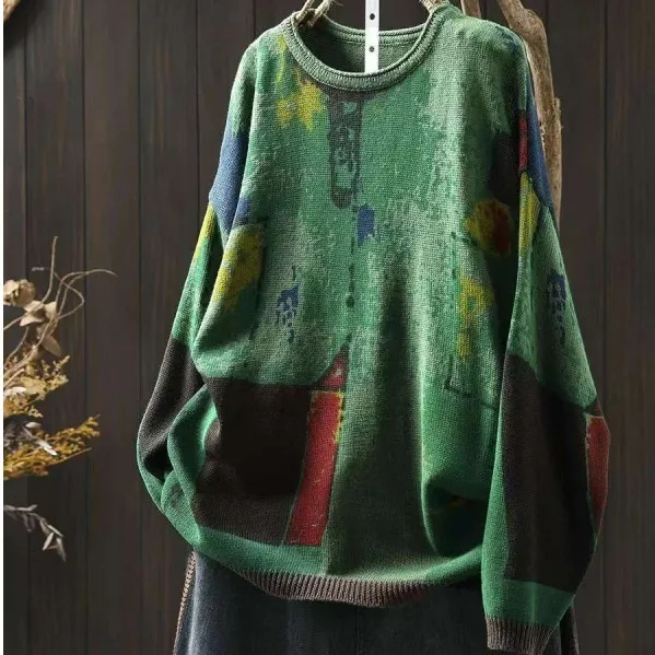 Painted Printing And Dyeing Cotton Sweater - Green