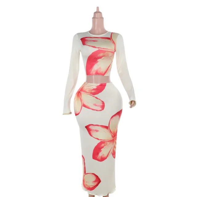 Elegant Slim Print Round Neck Long Sleeve Top Mid length Dress Set Apricot - Shop at LoveMi