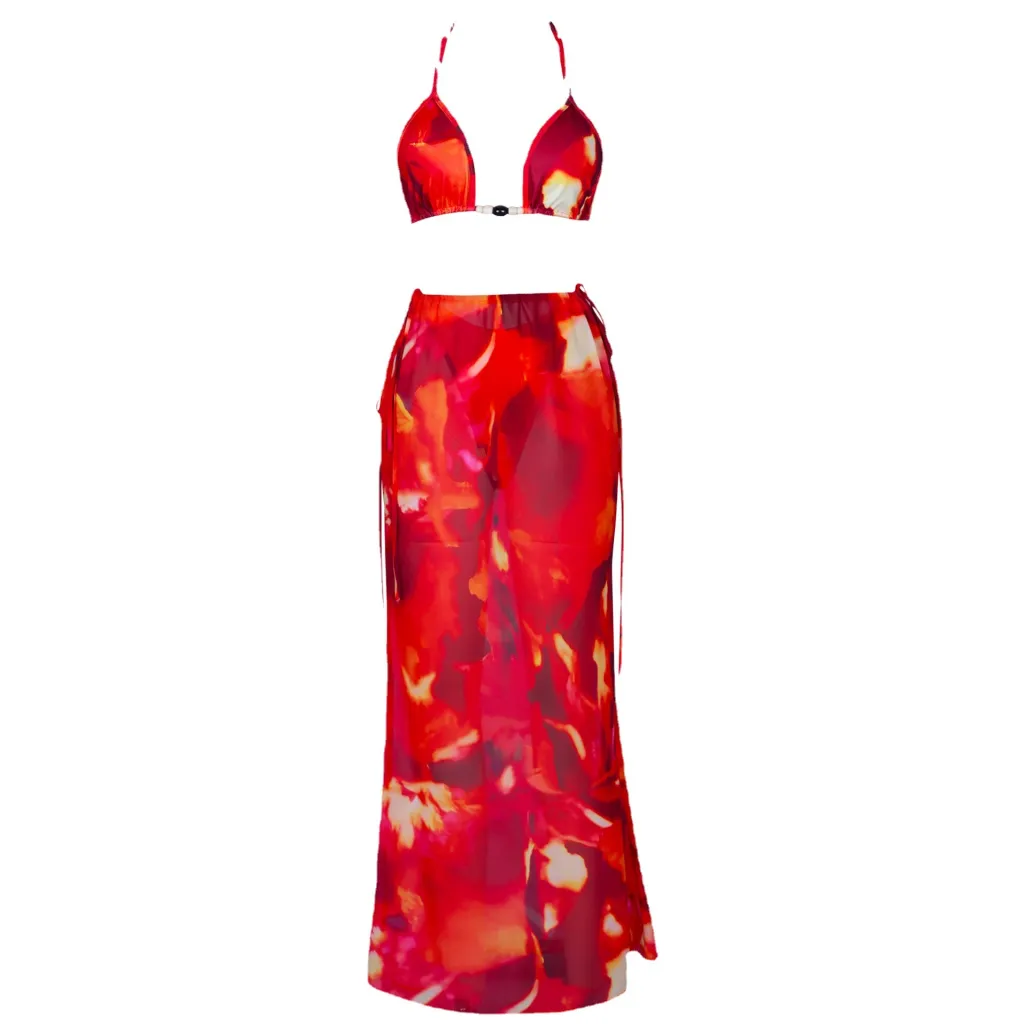 Printed Bikini Strappy Skirt Casual Suit - Color-Xl