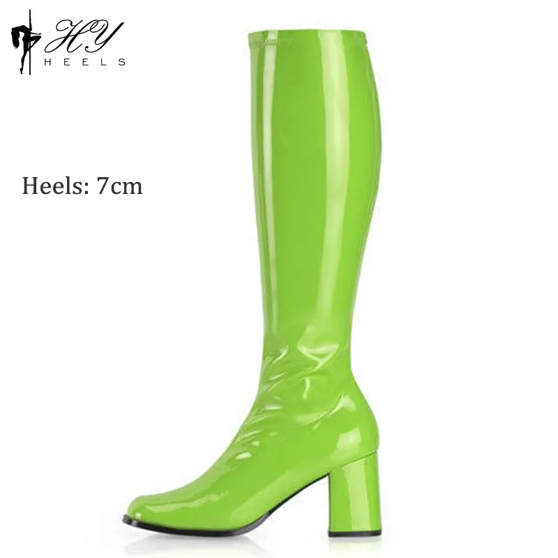 Patent Leather Stretch Chunky Heel All-matching Middle Boots - Green
