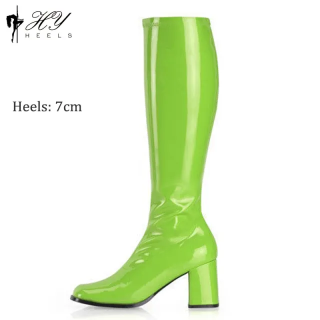 Patent Leather Stretch Chunky Heel All matching Middle Boots Green - Shop at LoveMi