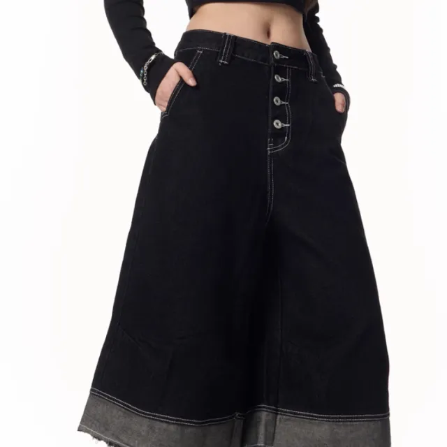 Women's American style Retro Design Raw Edge Denim Cropped Pants Black - Shop at LoveMi