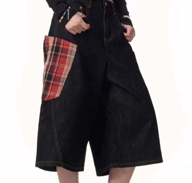 Plaid Patchwork Washed Radish Jeans For Women Red - Shop at LoveMi