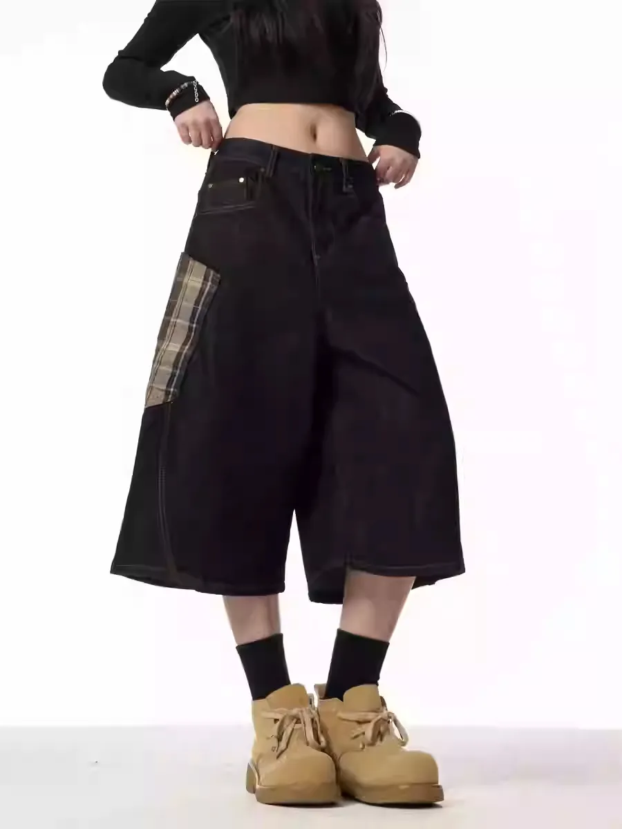 Plaid Patchwork Washed Radish Jeans For Women - Coffee Grid