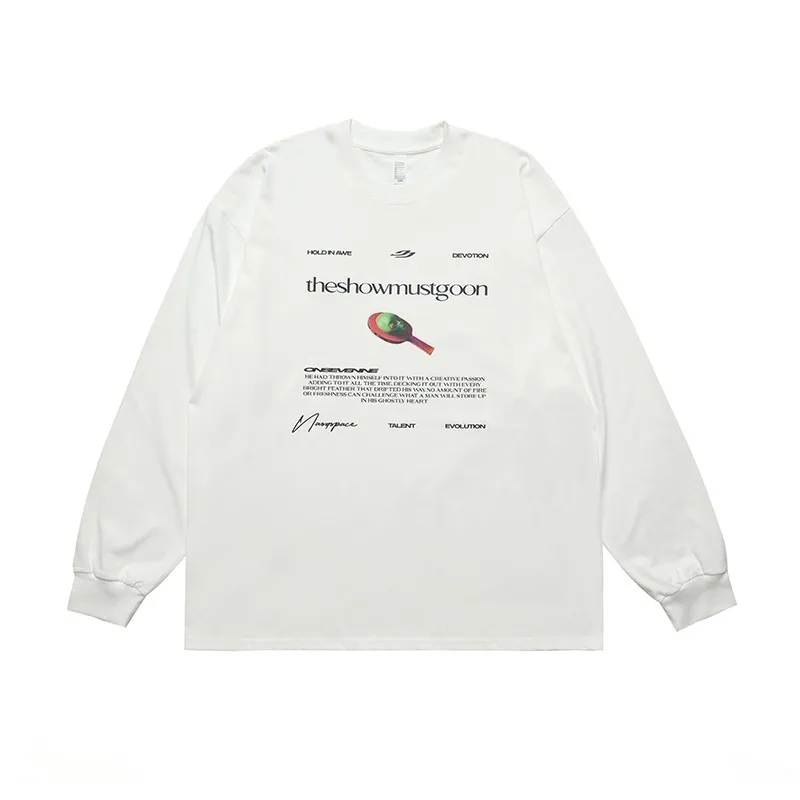 American Street Abstract Letter Printed Cotton Long-sleeved T-shirt - White