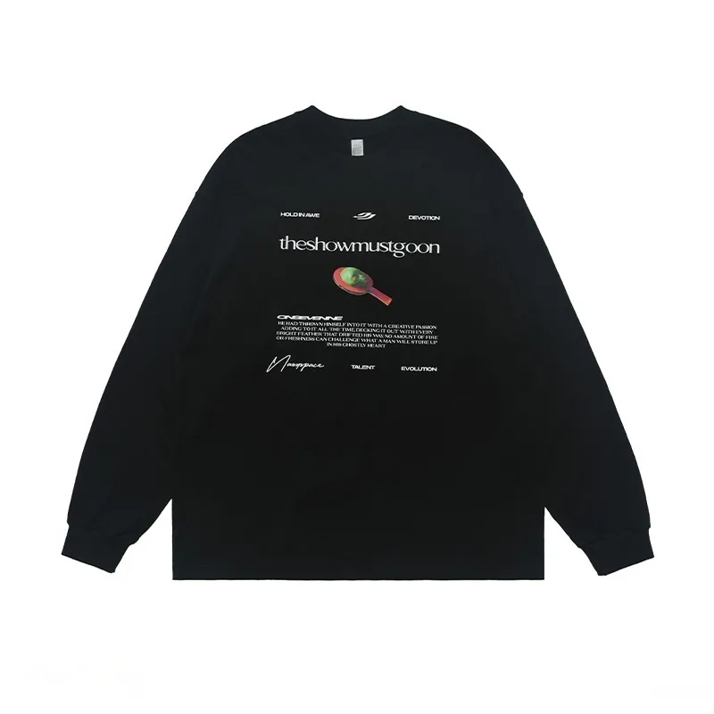 American Street Abstract Letter Printed Cotton Long-sleeved T-shirt - Black