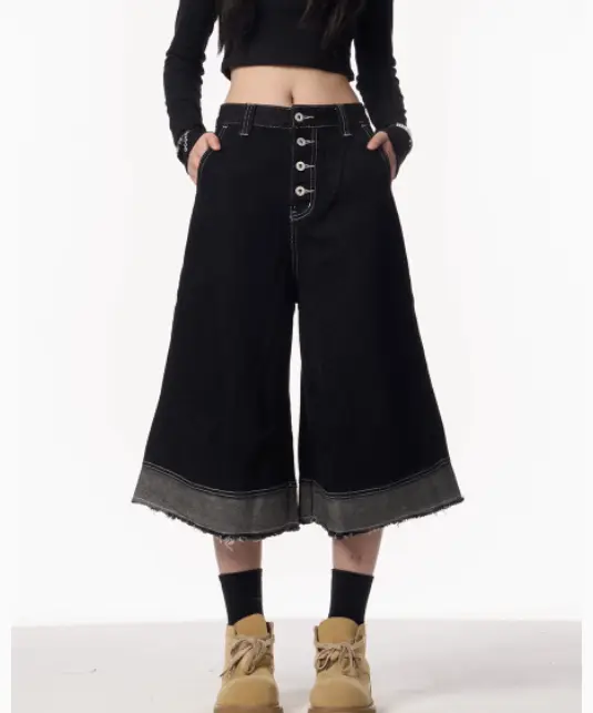Women's American-style Retro Design Raw Edge Denim Cropped Pants