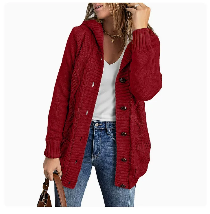 Women's Winter Solid Color Mid-length Cardigan Sweater Coat - Red