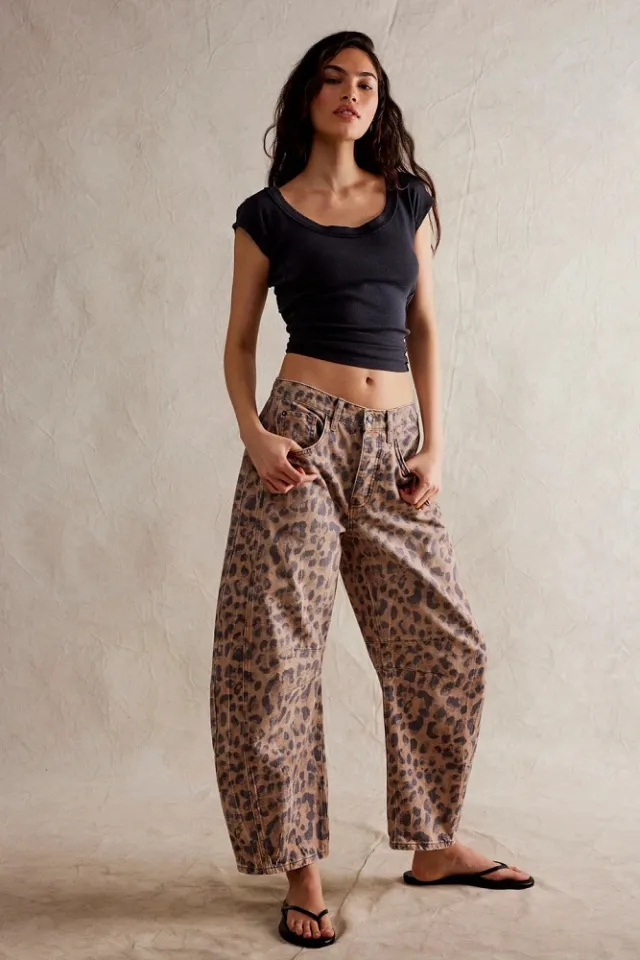 High Stretch Mid Rise Barrel Jeans Fashion Wide Leg Shape Women Casual Baggy Mid Waist Denim Jeans Leopard Print 2 - Shop at LoveMi