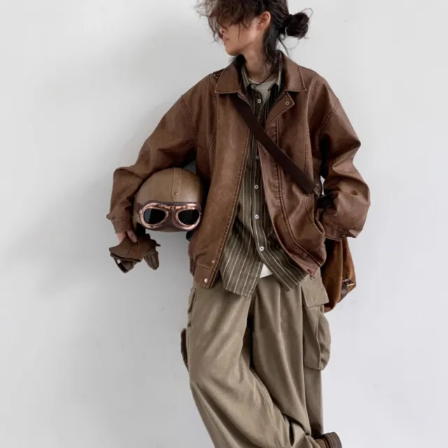 All match PU Leather Jacket American Retro Brown - Shop at LoveMi