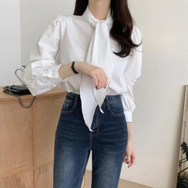 Spring New Gentle Lace-up Bow Tie Design Puff Sleeve Solid Color Shirt For Women