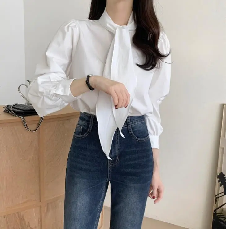Spring New Gentle Lace-up Bow Tie Design Puff Sleeve Solid Color Shirt For Women - White