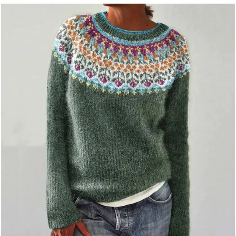 Round Neck Multicolor Loose Fashion Pullover Sweater - Green