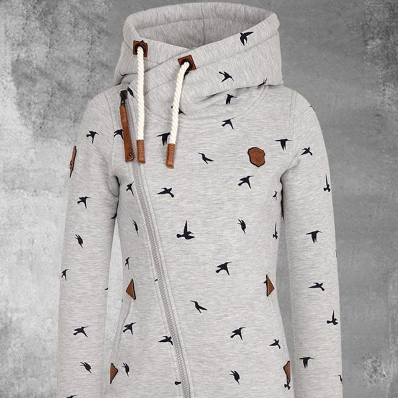 Bird Digital Print Hooded Pocket Zipper Cardigan Jacket