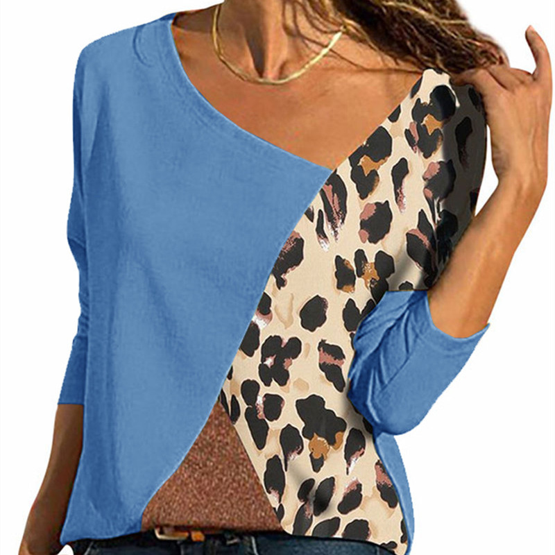 Long-sleeved V-neck T-shirt Leopard Print Contrast Top