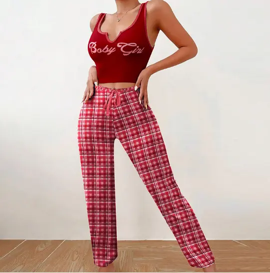 Spring Summer Women's Casual Pajamas Home Wear Vest Color Matching Plaid