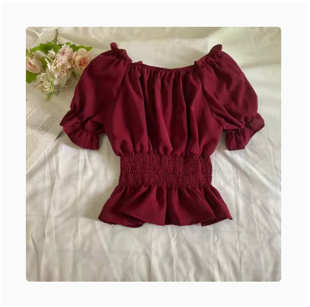 Women's Chiffon Shirt Off shoulder Shoulder baring Spring And Autumn Korean Style Waist controlled Top Wine Red - Shop at LoveMi
