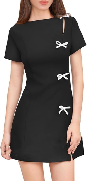 Round Neck Solid Bow Mini Dress