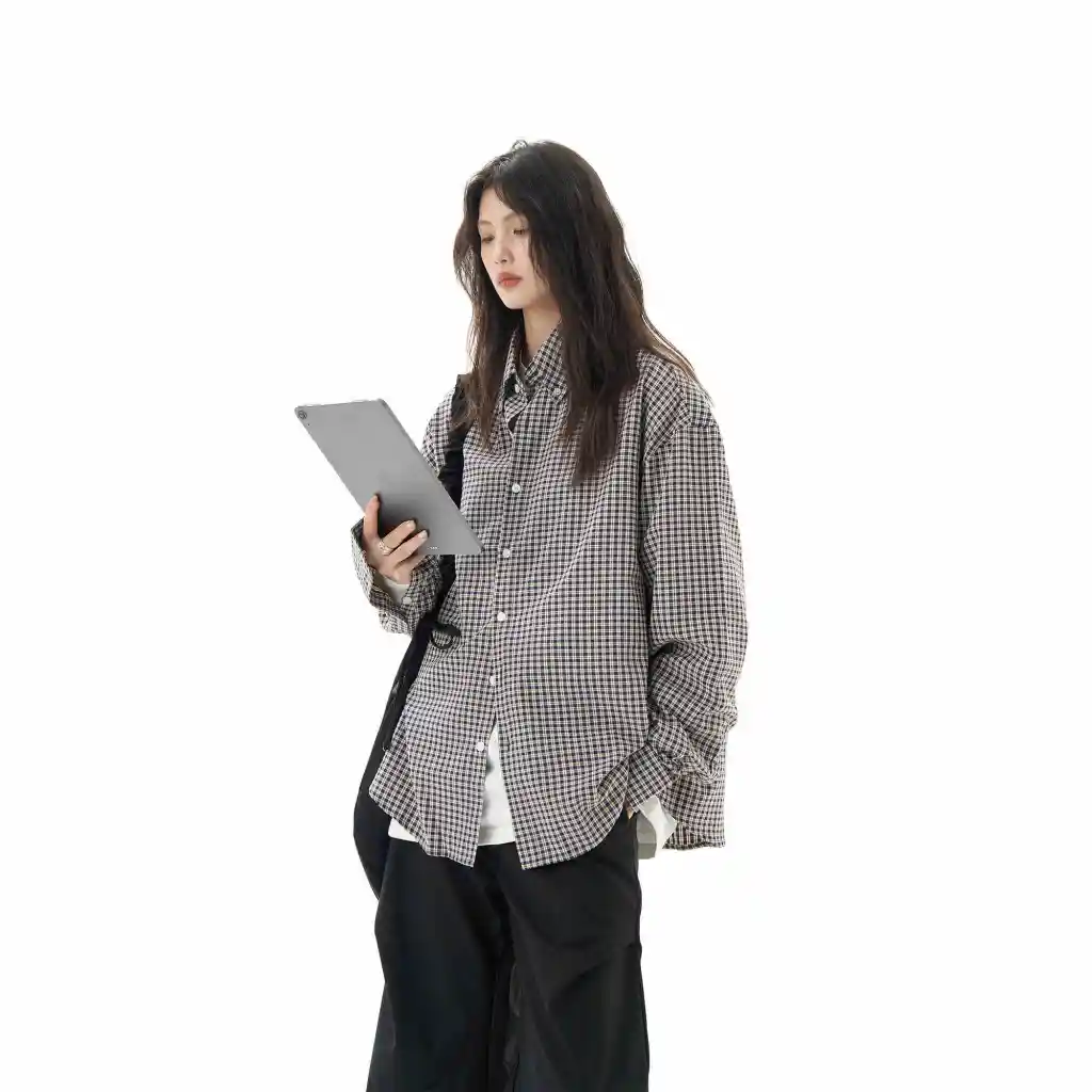 Black Plaid Shirt Long Sleeve Women Casual Loose Shirt Coat - Yellowish
