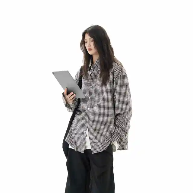 Black Plaid Shirt Long Sleeve Women Casual Loose Shirt Coat Yellowish - Shop at LoveMi