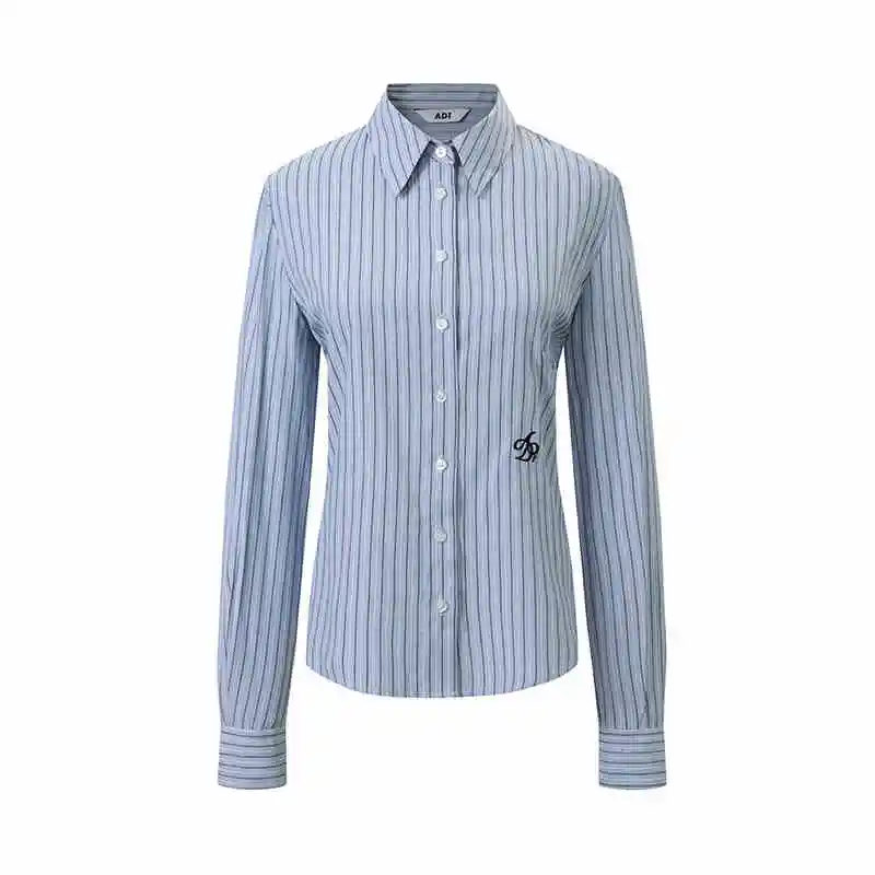 College Style Long Sleeve Shirt Waist-tight Simple Top - Blue Stripes