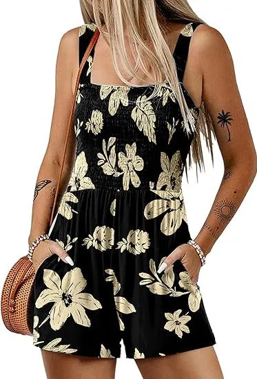 Flower Print Shorts Jumpsuit Summer Fashion Sleeveless Beach Bodysuit Black - Shop at LoveMi