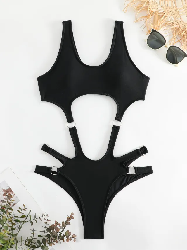 Women's Solid Color Ring One piece Swimsuit Sexy Bikini Black - Shop at LoveMi