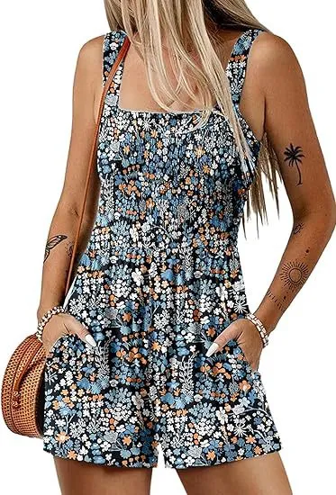 Flower Print Shorts Jumpsuit Summer Fashion Sleeveless Beach Bodysuit Blue - Shop at LoveMi