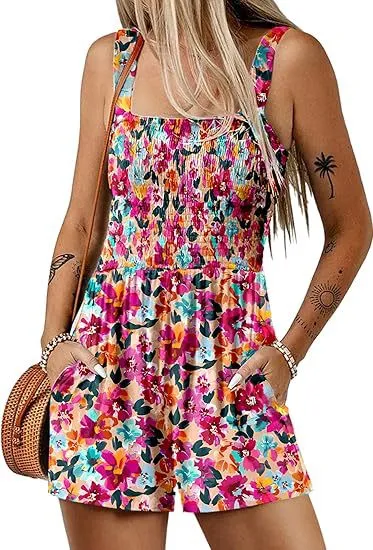 Flower Print Shorts Jumpsuit Summer Fashion Sleeveless Beach Bodysuit Rose Red - Shop at LoveMi