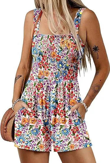 Flower Print Shorts Jumpsuit Summer Fashion Sleeveless Beach Bodysuit S Multiple Colors - Shop at LoveMi
