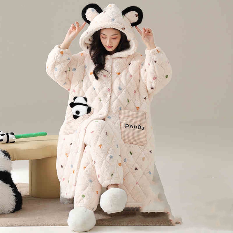 Autumn And Winter Three-layer Quilted Coral Velvet Night-robe Fleece-lined Thickened