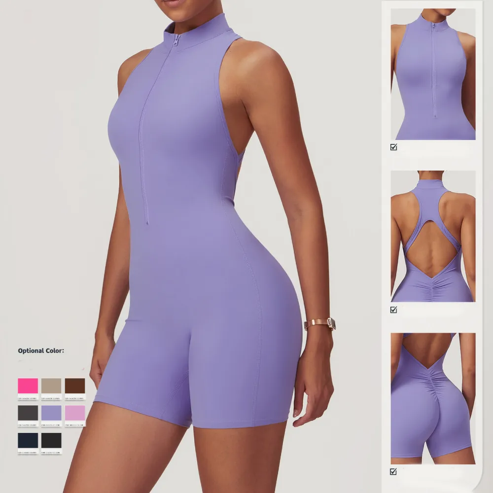 Fitness Yoga Jumpsuit with Zipper Summer Backless Shorts Bodysuit