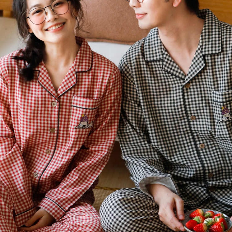 New Cotton Gauze Embroidered Plaid Outdoor Casual Pajamas