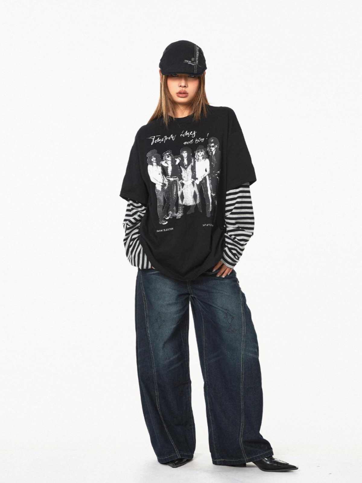 American Retro Fake Two Characters Striped Printed Long Sleeves