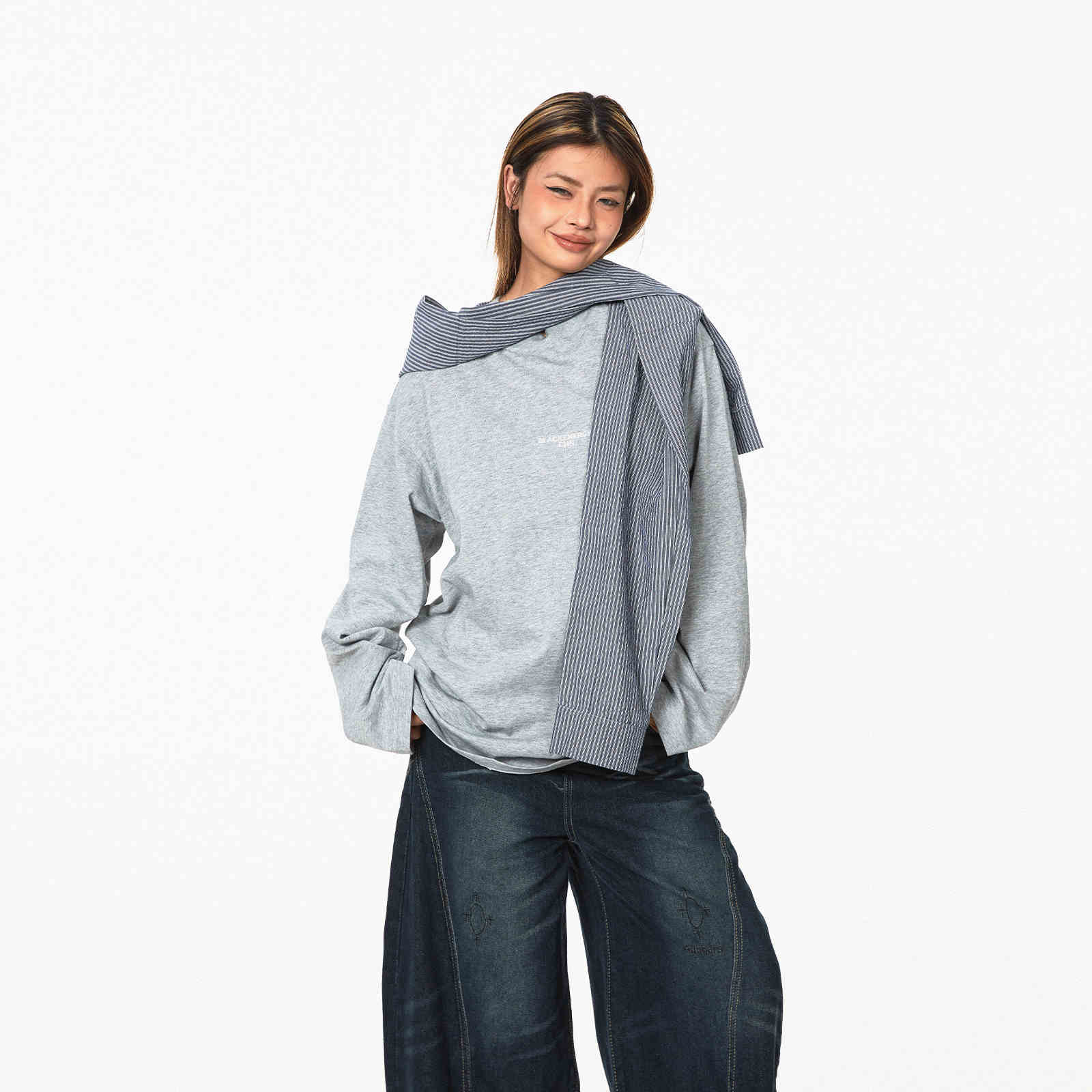 Retro Fake Two-piece Hooded Plaid Shawl Casual Long Sleeve T-shirt Top