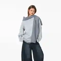 Retro Fake Two-piece Hooded Plaid Shawl Casual Long Sleeve T-shirt Top - Grey - View 1
