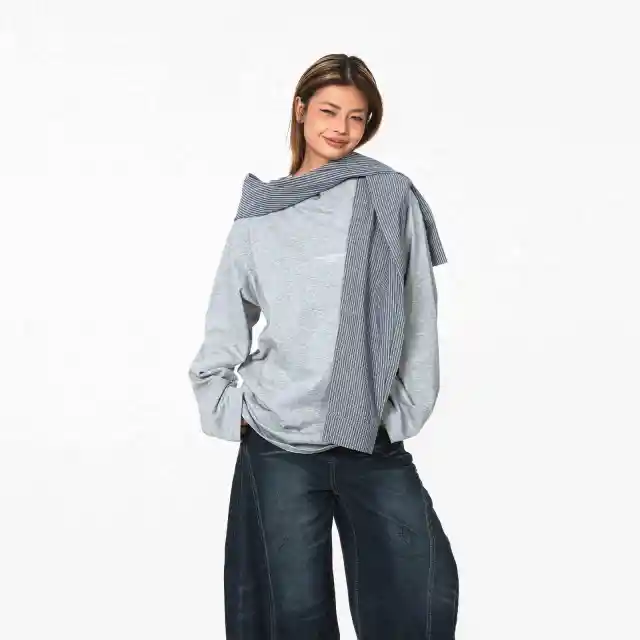 Retro Fake Two piece Hooded Plaid Shawl Casual Long Sleeve T shirt Top Gray - Shop at LoveMi