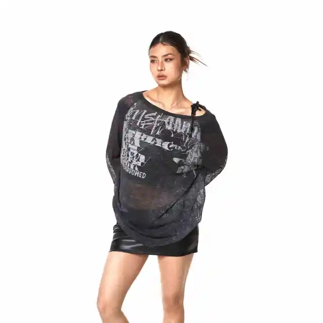 Micro Transparent One shoulder Cold shoulder T shirt Women's Spray Paint Top Gray - Shop at LoveMi