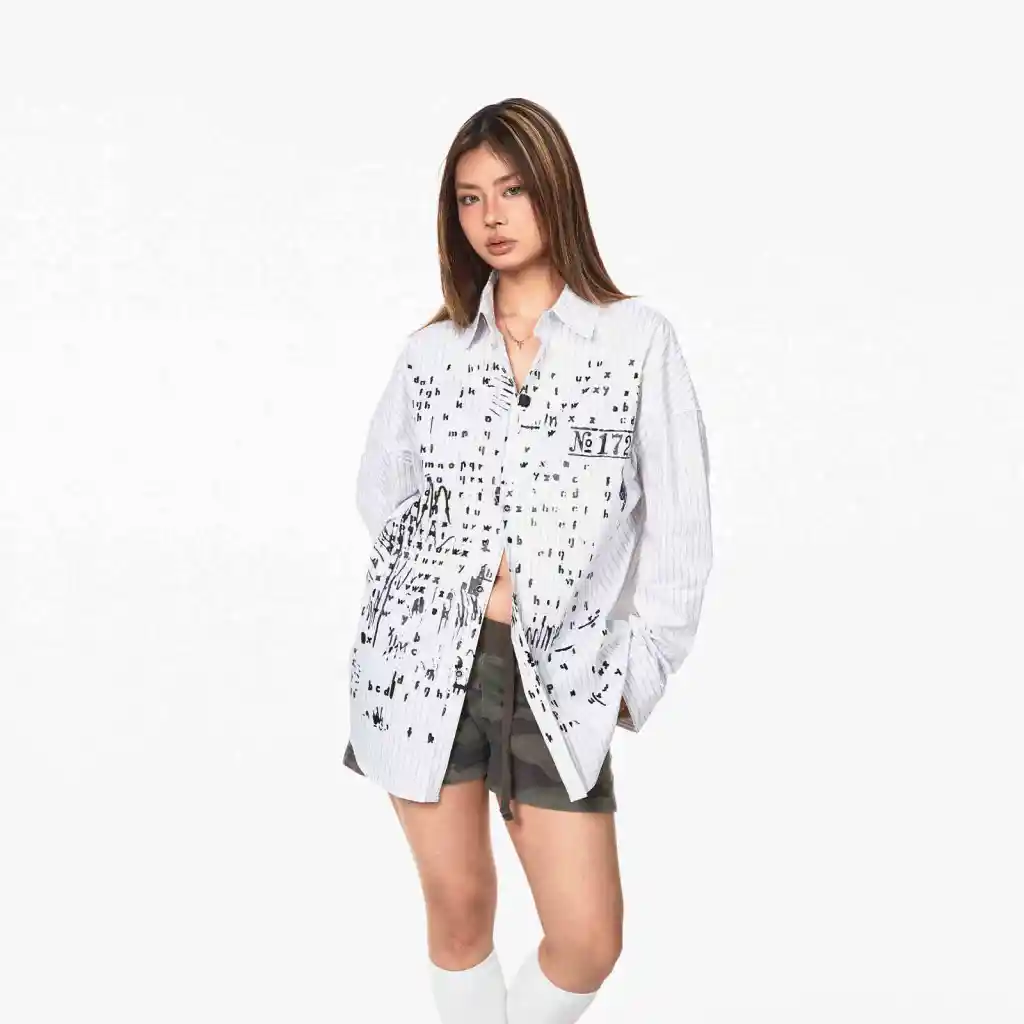 Letter Printed Striped Long-sleeved Shirt Women's Shirt Jacket - White
