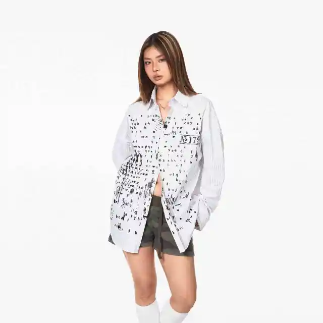 Letter Printed Striped Long sleeved Shirt Women's Shirt Jacket White - Shop at LoveMi