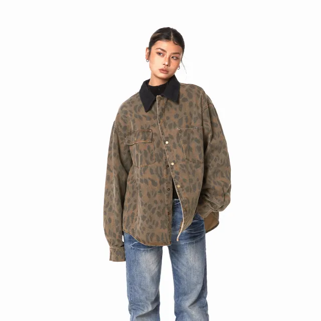 Retro Washed Leopard print Shirt Women's Loose Distressed Coat Khaki - Shop at LoveMi