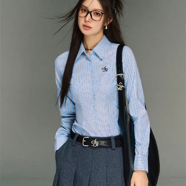 College Style Striped Lapel Shirt, Waist Cinched Long Sleeved Top Blue - Shop at LoveMi