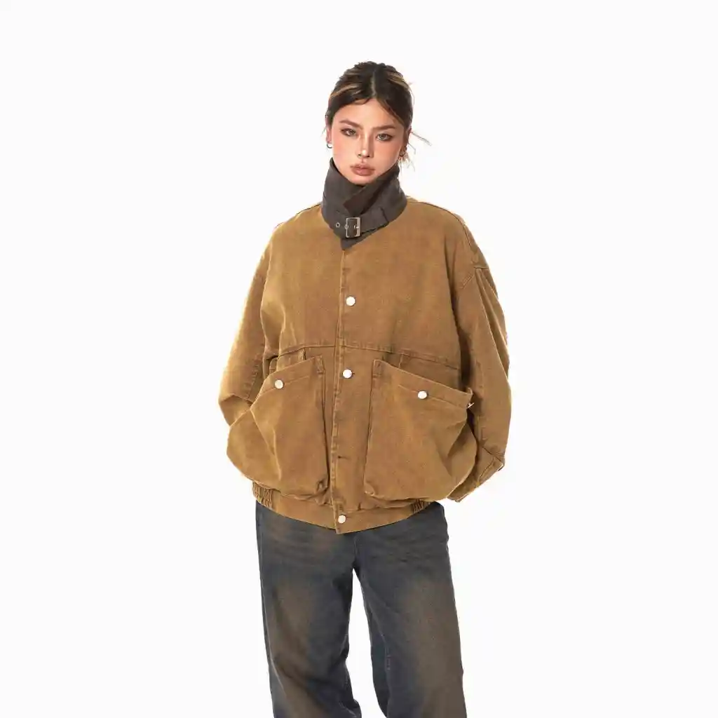 Lapel Tooling Distressed Large Pocket Stitching Jacket Loose Casual Short Coat - Khaki