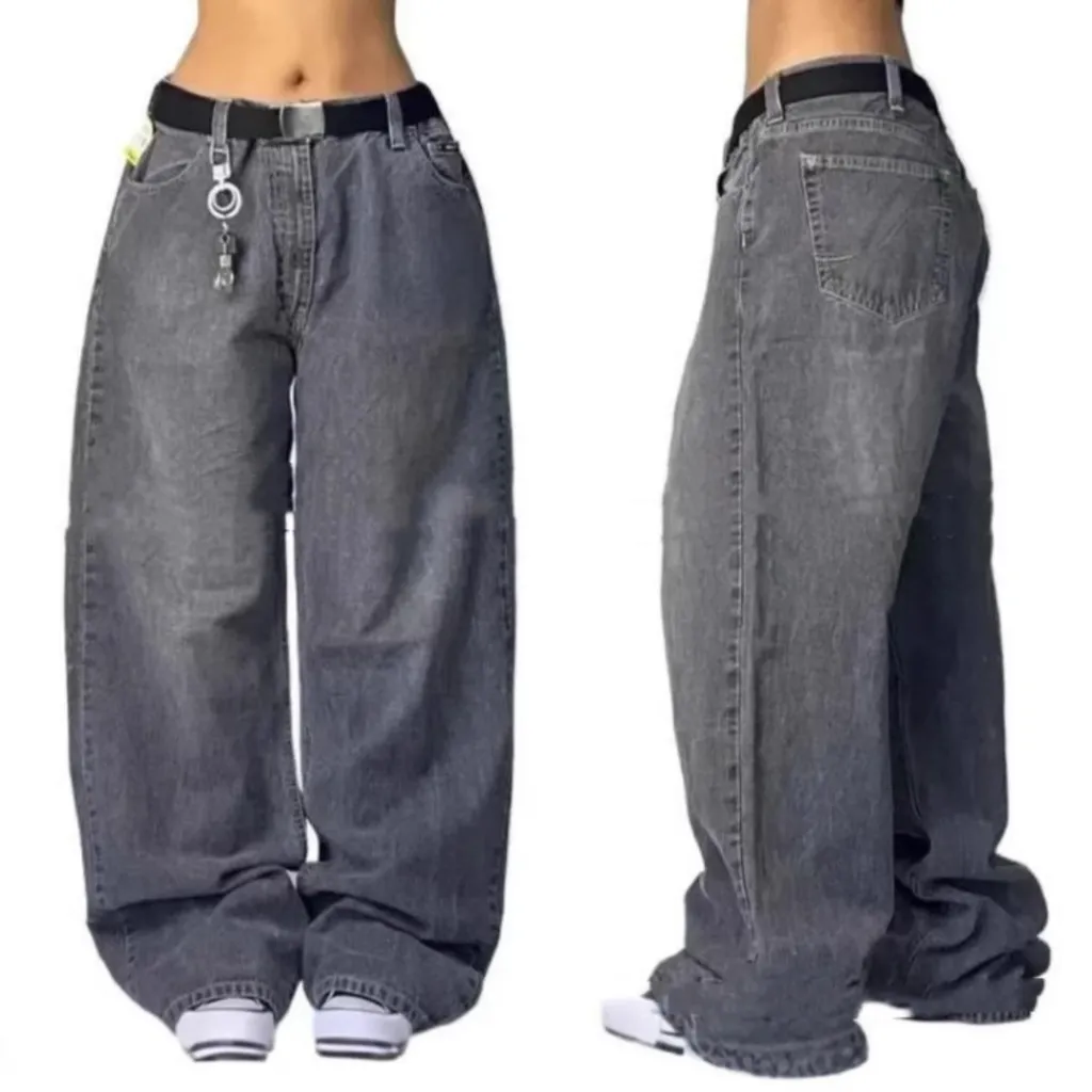 High Waist Retro Distressed Black Gray Wide-leg Jeans - Grey
