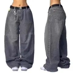 High Waist Retro Distressed Black Grey Wide-leg Jeans - Grey - View 1