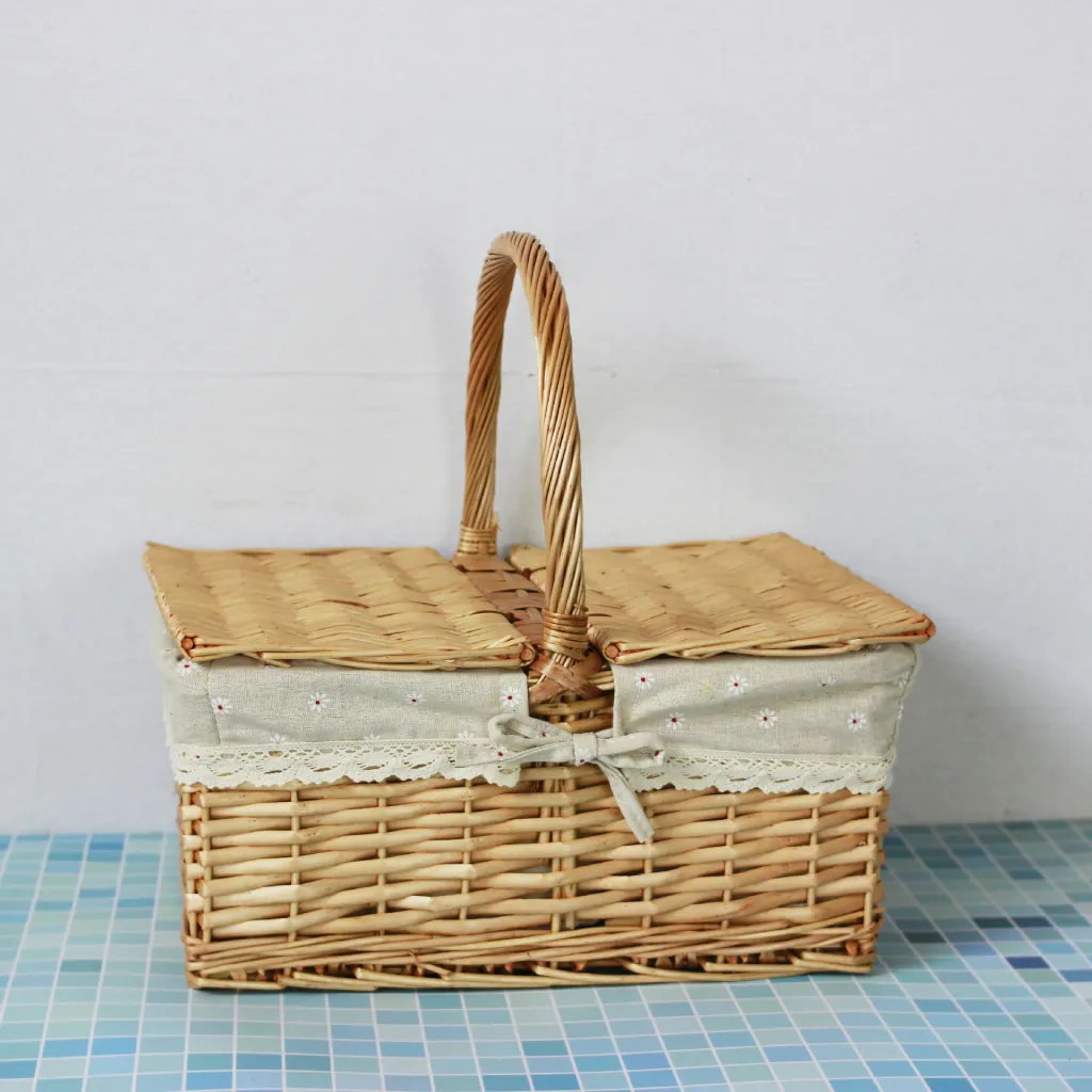 Outdoor Picnic Basket Wicker Hand Basket With Cover - Daisy Small-With Cover-S