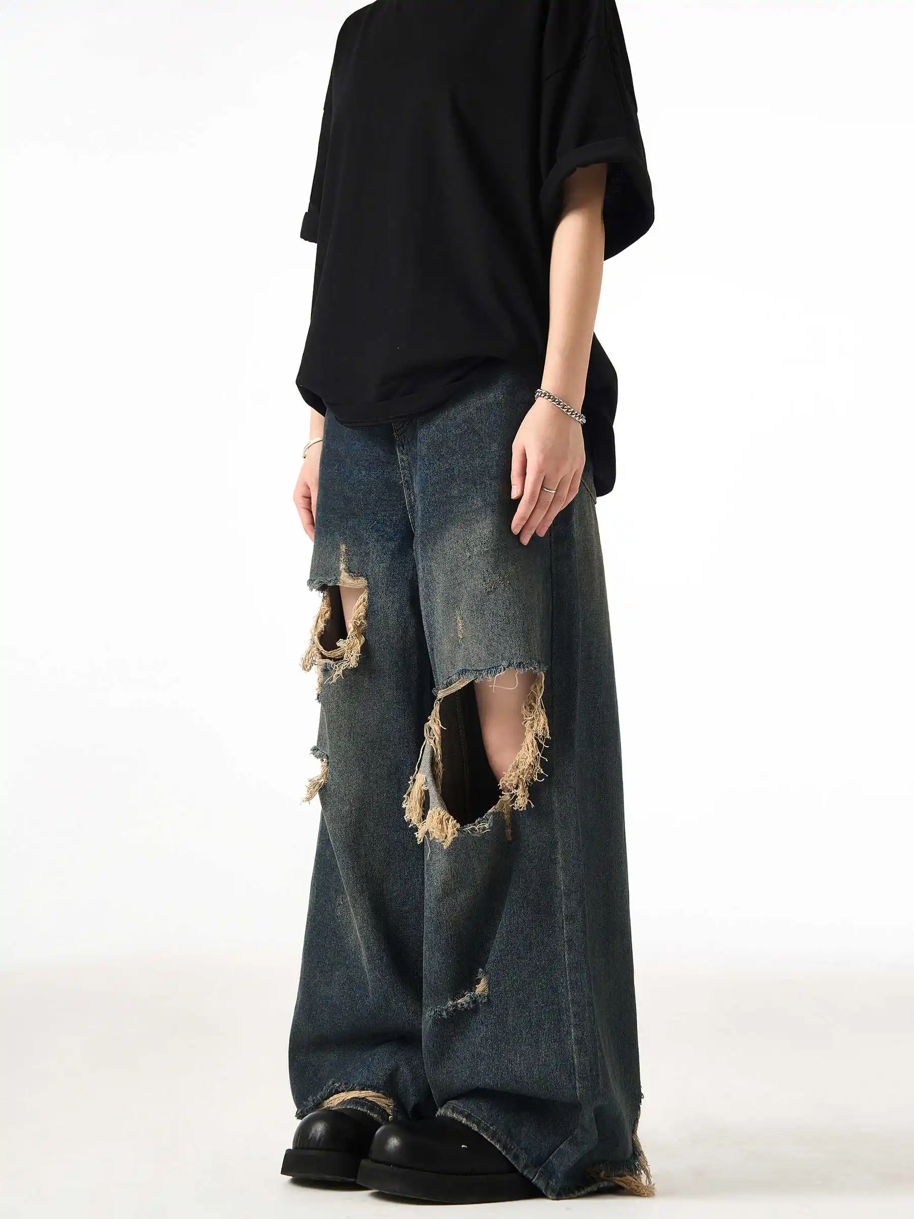 Couple Hole Worn Jeans Wide-leg Pants