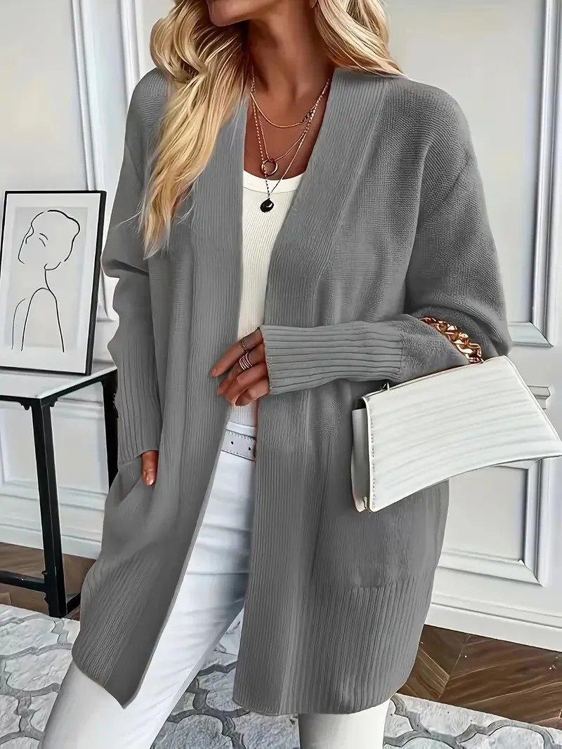 Plus Size Women's Solid Color Knit Casual Simple Cardigan - Grey