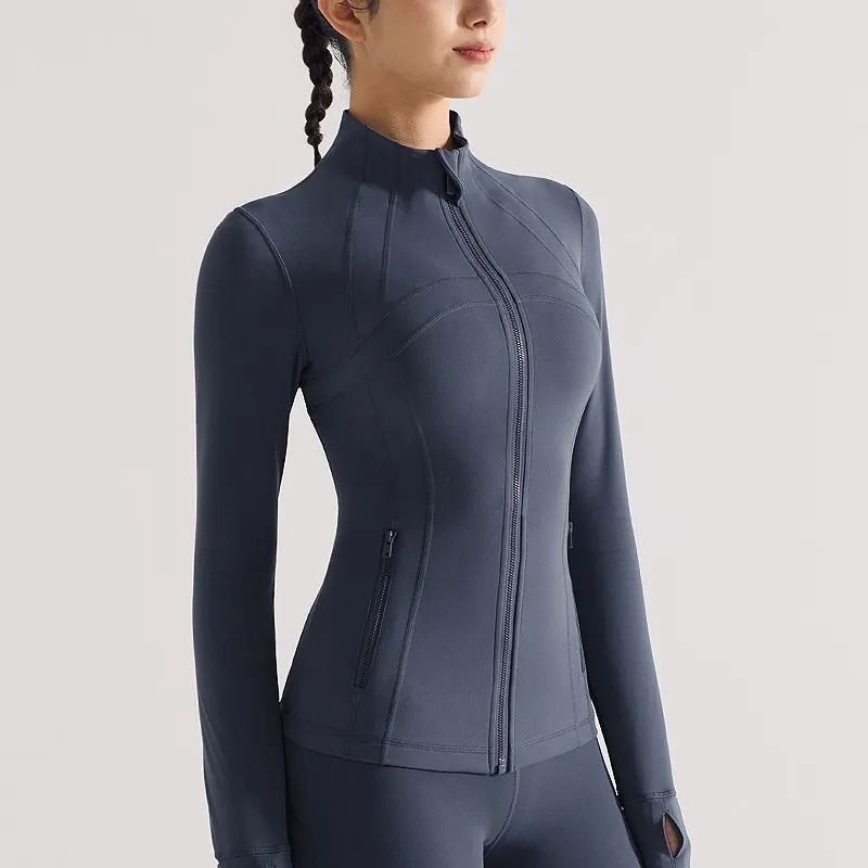 Stand-up Collar Slim-fit Long-sleeved Running Fitness Zipper Sports Top - Iron Blue